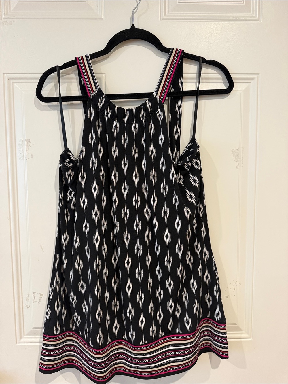 White House Black Market Black & White Patterned Camisole with Pink Trim